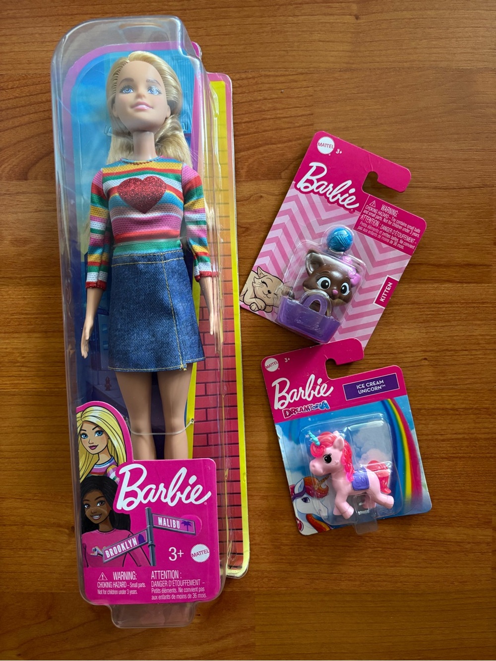 Barbie Rainbow Heart Doll with Denim Skirt and Pink Unicorn & Brown Kitten